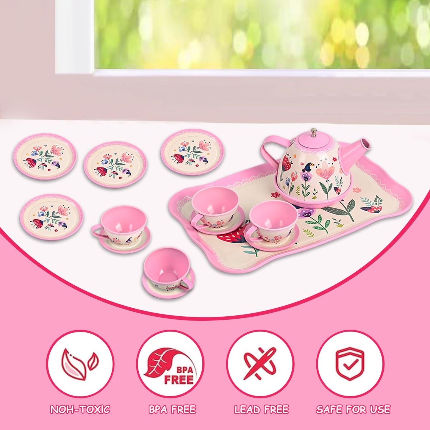 Fairy Toona Floral Tea Party Set for Little Girls Ages 3-6, 15-Piece Pretend Play Kitchen Toys with Teapot, Cups, Plates & Stora