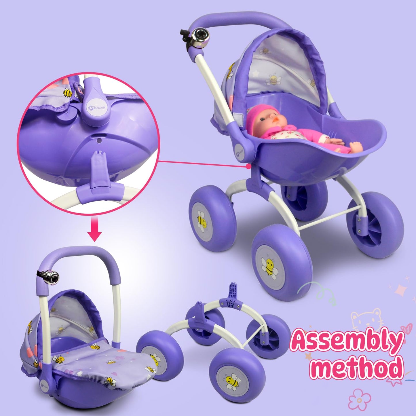Doll Stroller Toy Anivia Realistic Doll Stroller Heart Design Gifts For Toddlers And Girls Foldable Baby Doll Stroller Toy (Dt301Purple)