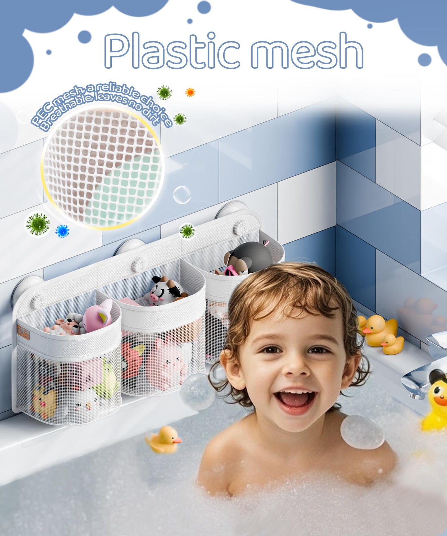 Y.Duck Bath Toy Storage, Bath Toy Holder For Bathtub, Large Capacity Bath Toy Organizer With 3 Compartment Openings, Hanging Bat