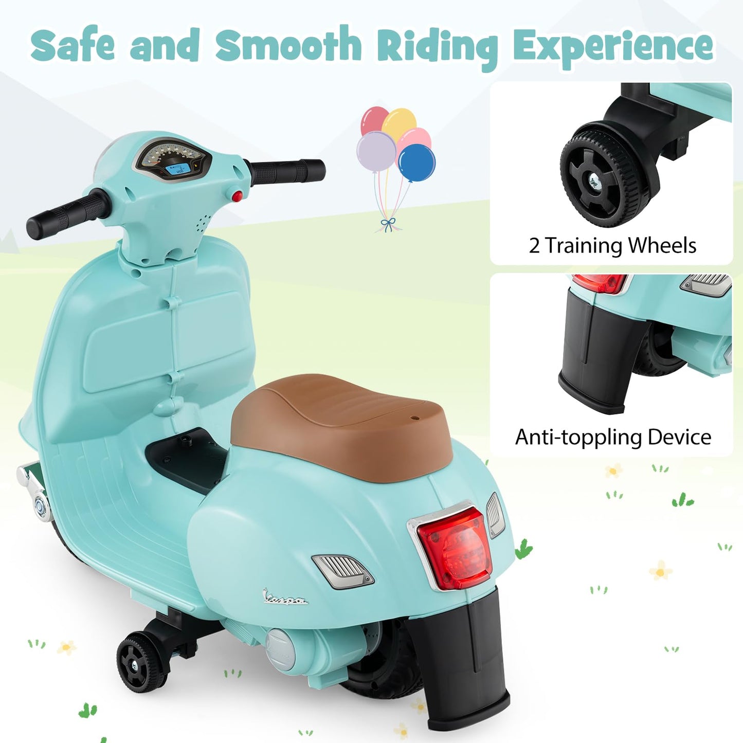 Costzon Toddler Motorcycle, Licensed Vespa Ride on Motorcycle with Training Wheels, LED Headlight & Horn Sound, Ride on Toy, 6V
