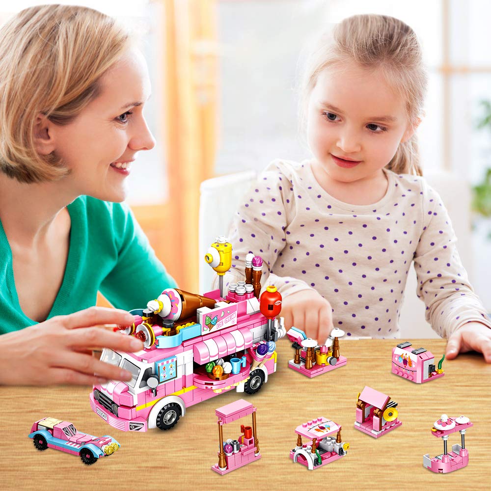 Vatos Girls Building Blocks Toys - 553 Pieces Ice Cream Truck Set Toys for Girls 25 Models Pink Building Bricks Toys STEM Toys V