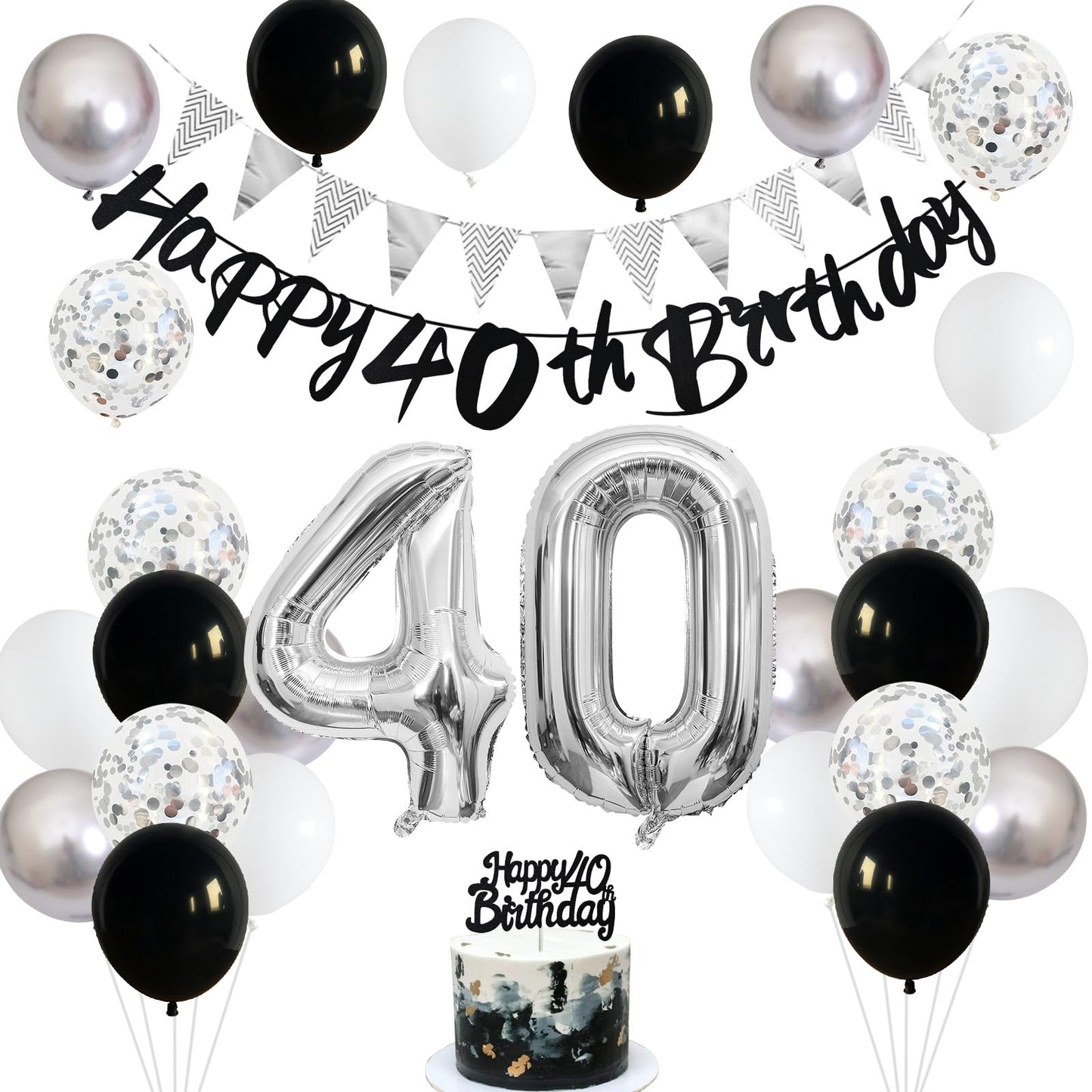 40Th Birthday Decorations For Women Men, Black Silver White 40Th Birthday Balloons, Black Happy 40Th Birthday Banner Birthday Ca