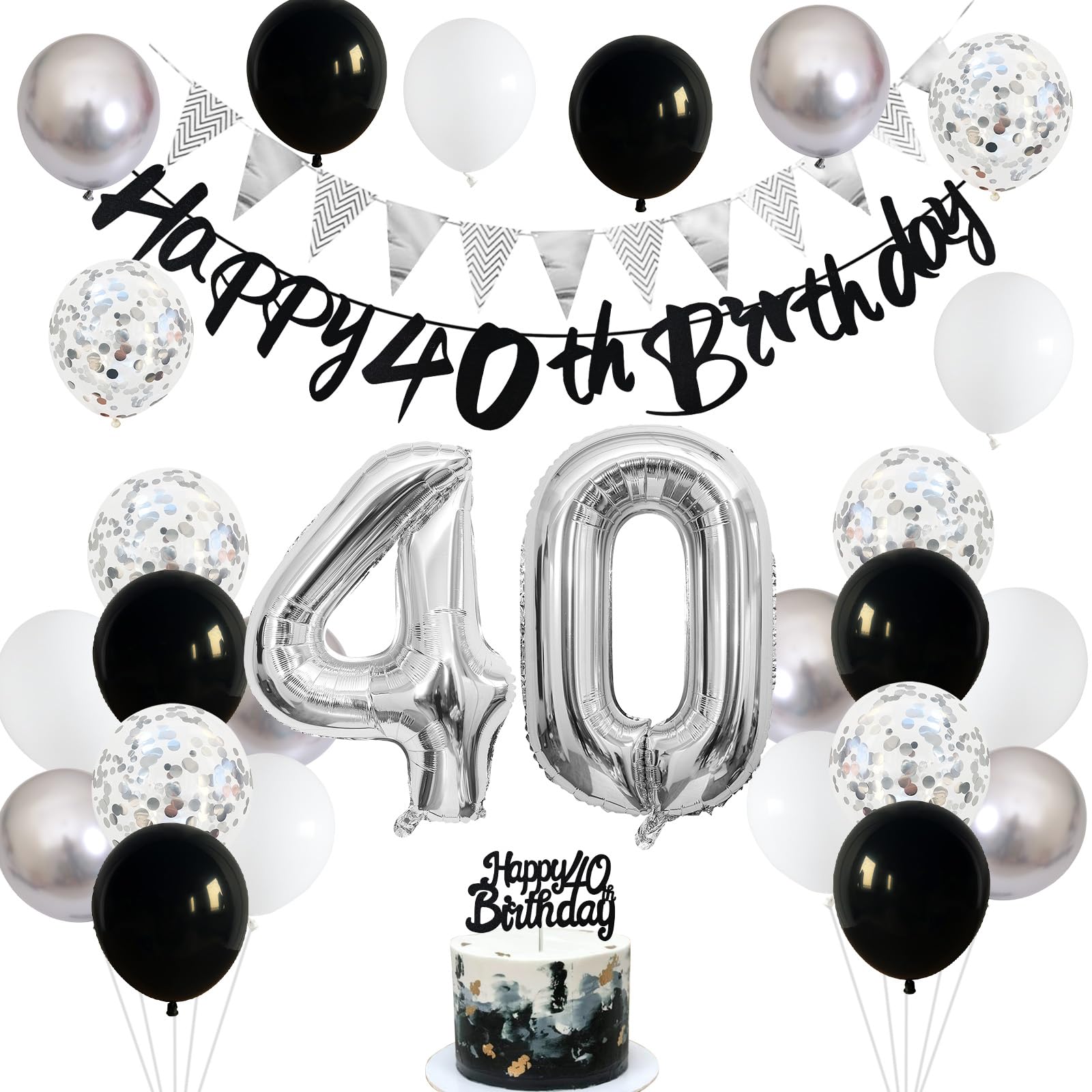 40Th Birthday Decorations For Women Men, Black Silver White 40Th Birthday Balloons, Black Happy 40Th Birthday Banner Birthday Ca