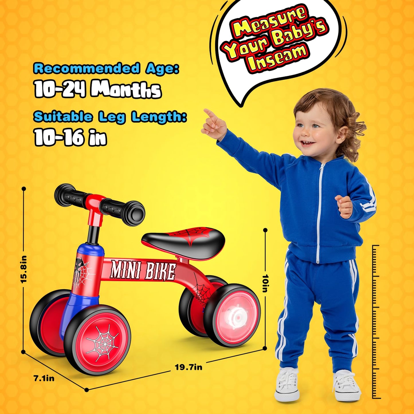 Aetyni Baby Balance Bike 1-2 Year Old: Spider Toddler Bike Baby Bike For 10-24 Month With Colorful Lighting & 4 Wheels First Rid