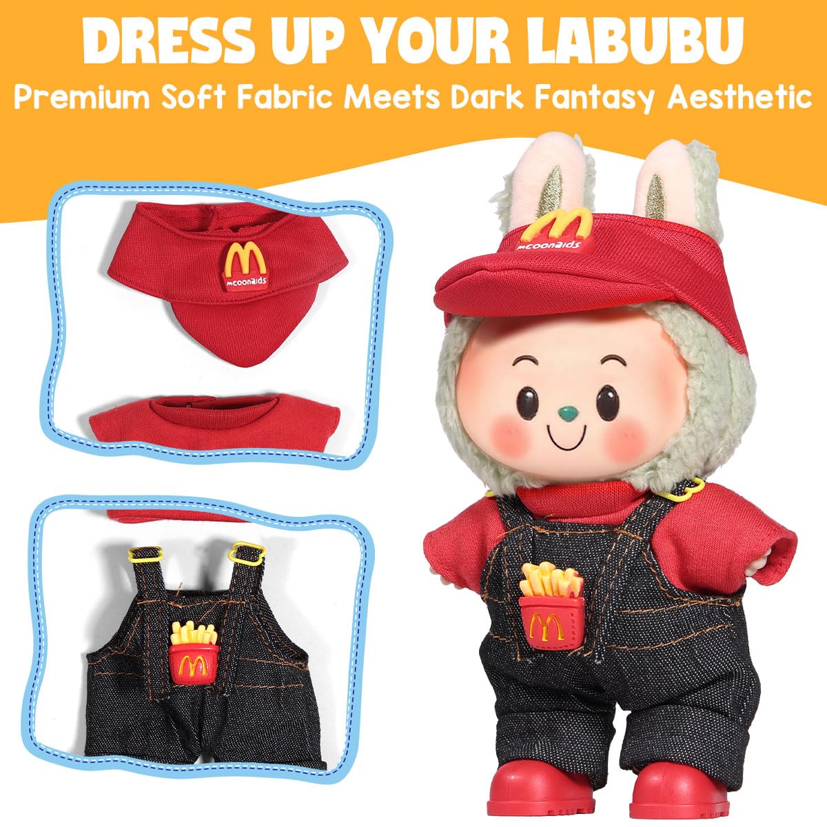 AICase for Labubu Clothes Designer/for Labubu Outfits Clothes Set for 17cm Lububu Doll 3 Piece Set Hat Clothing for LA BUBU  Boys and Girls Stylish Adorable Dolls Clothes Accessories (No Doll)