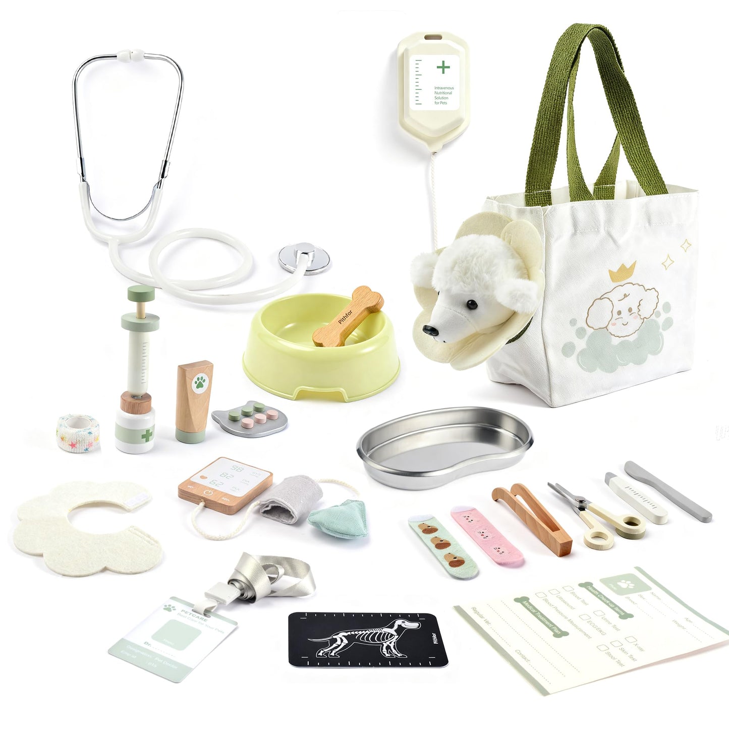 Pithfor Wooden Doctor Kit for Kids Toddlers, Vet Play Set, Pretend Play Veterinarian Set, Doctor Toys Gift for Boys Girls 3 4 5 