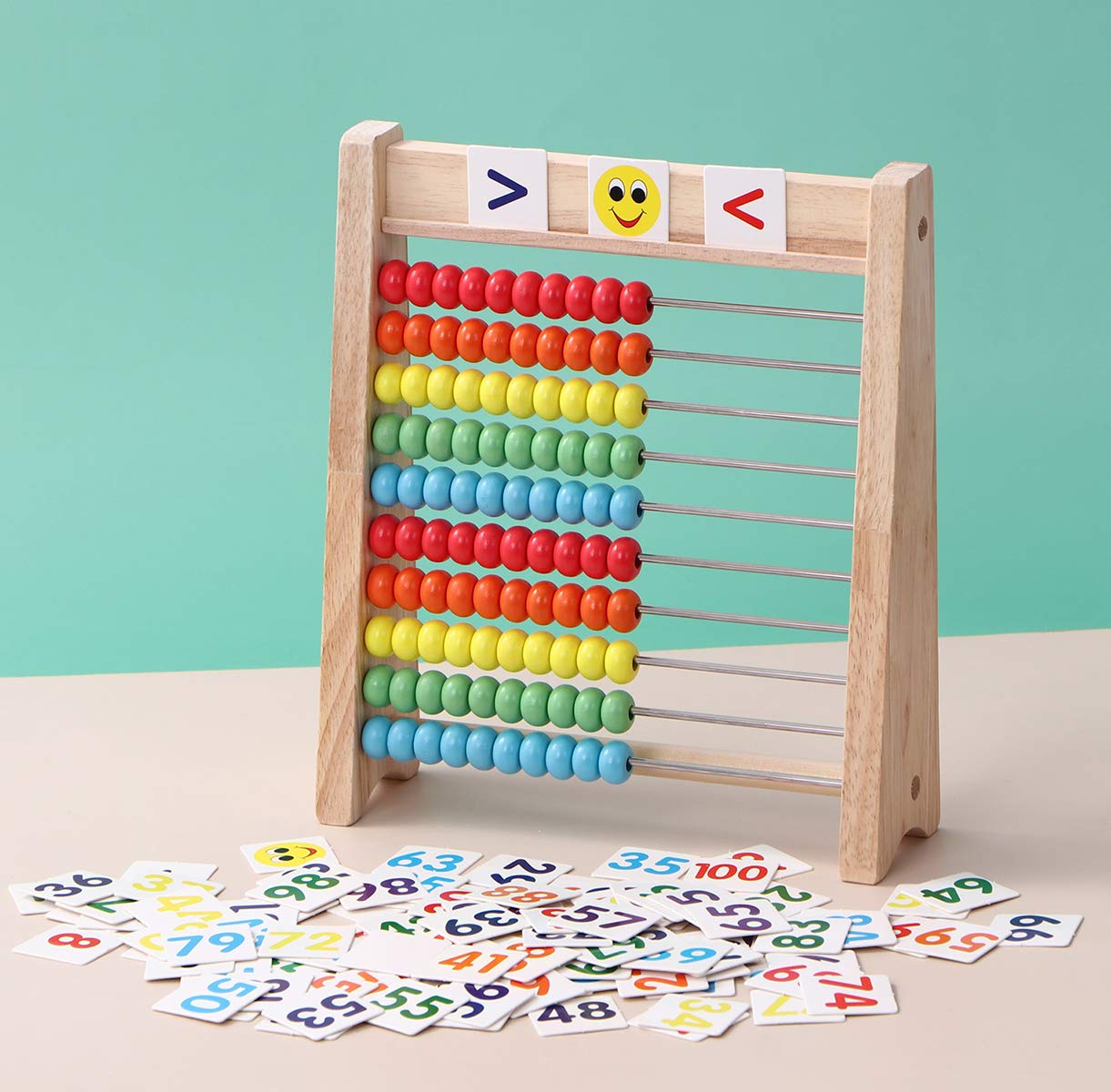 Educational Abacus for Kids Math - 10 Row Wooden Counting Frame with Number 1-100 Cards - Teach Counting  Addition and Subtraction  Preschool Learning Math Toys for Boys Girls Gift 3 4 5 Year Old
