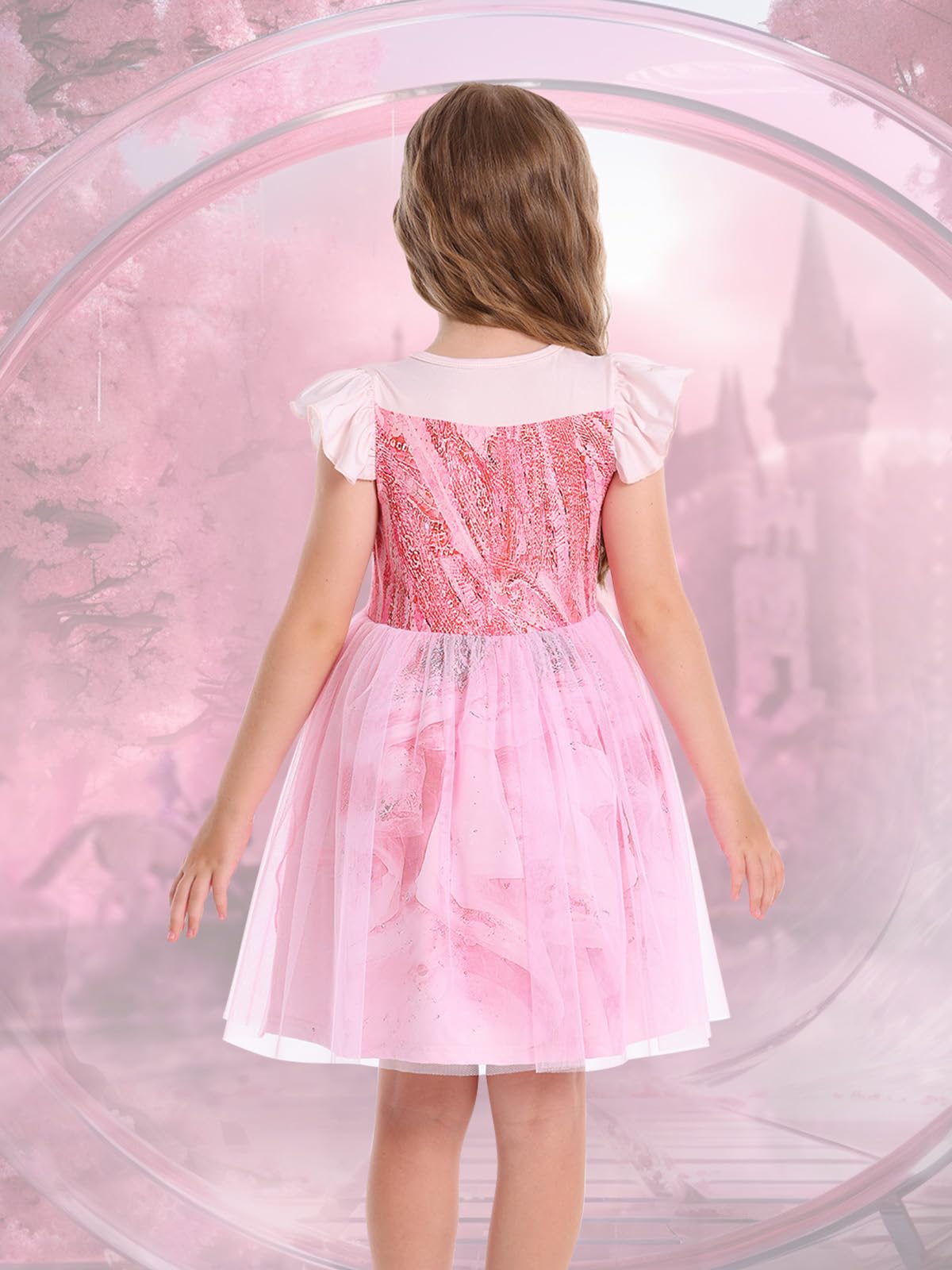 Marendyee Pink Witch Dress for Girls Halloween Costume Kids Tulle Dresses Flutter Sleeve (2-3 Years)