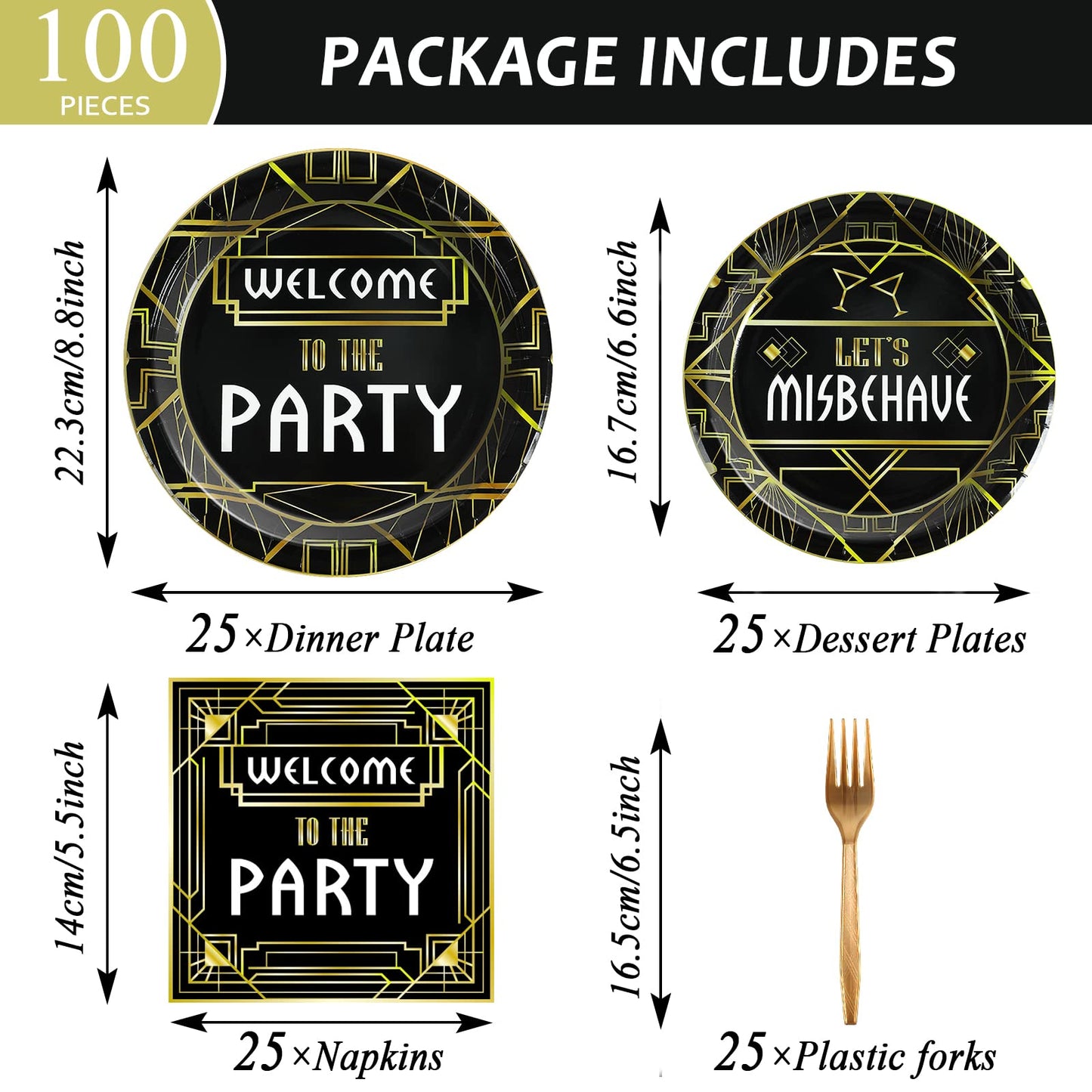 100 Pcs Roaring 1920S Party Decorations, Speakeasy Misbehave Black Gold Birthday Party Decors Art D  Cor Retro Murder Mystery Pa