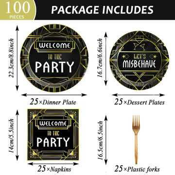 100 Pcs Roaring 1920S Party Decorations, Speakeasy Misbehave Black Gold Birthday Party Decors Art D  Cor Retro Murder Mystery Pa