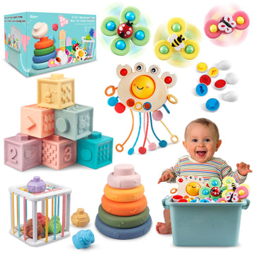 6 In 1 Baby Toys 6 To 12 Months, Montessori Toy For Toddlers 1-3, Infant Teething Babies Toy Stacking Blocks Rings Pull String T