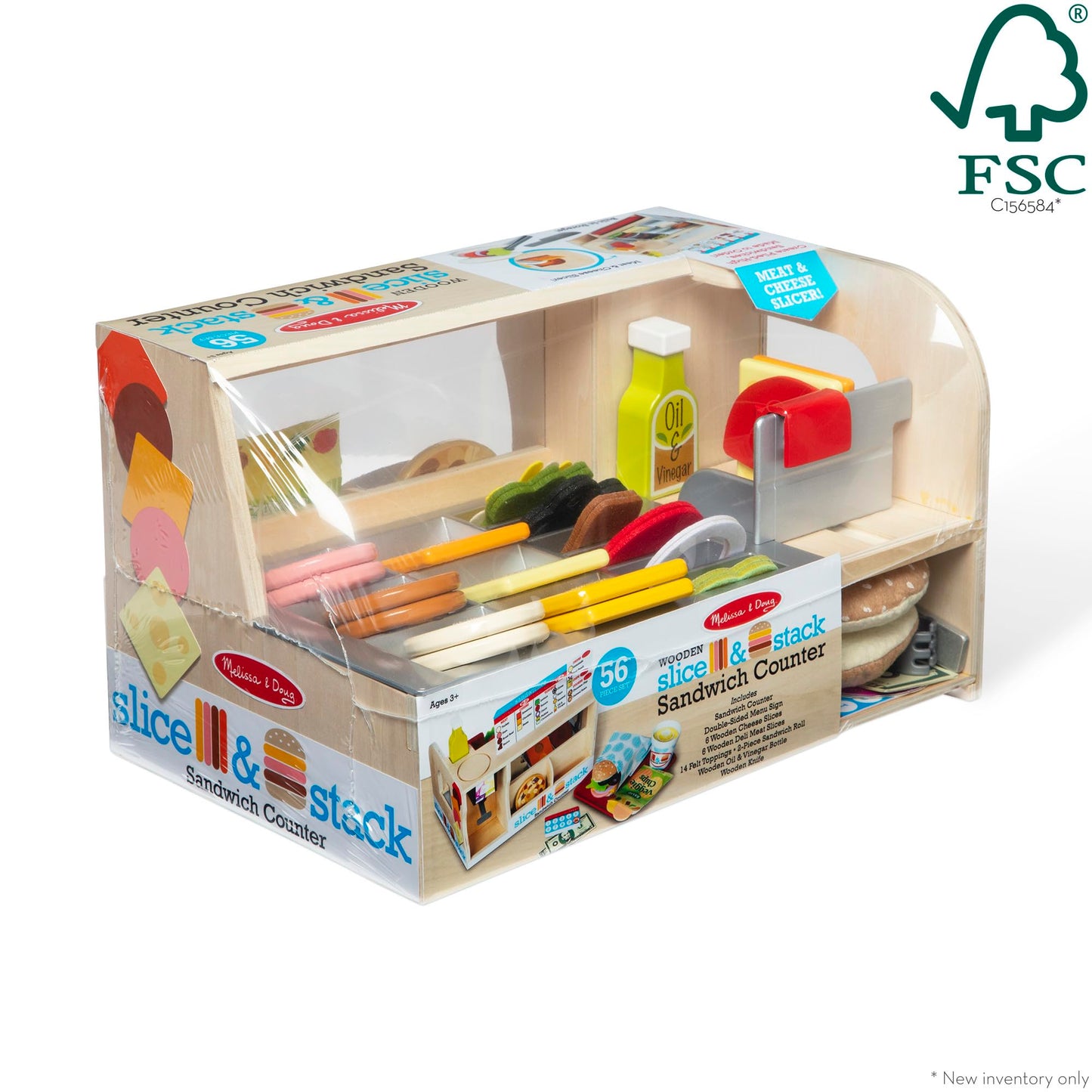 Melissa & Doug Wooden Slice & Stack Sandwich Counter - 56-Piece Pretend Food Set, Multi Color, Model 31650