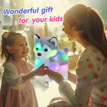 Bstaofy 12’’ Musical Light Up Husky Puppy Stuffed Animal Realistic Led Singing Dog Soft Plush Toy With Night Lights Lullaby Glow In The Dark Birthday For Toddler Kids