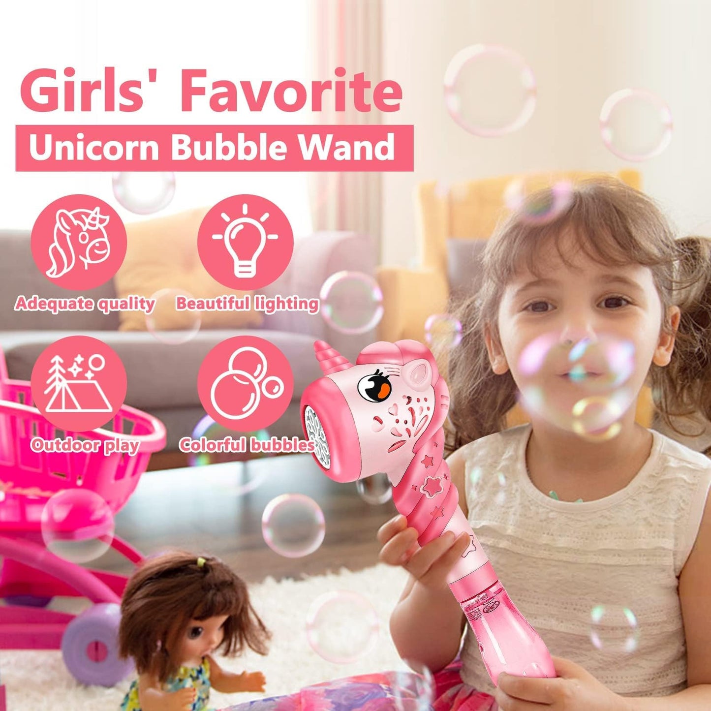 Unicorn Bubble Wand Machine For Kids, Princess Cute Summer Toy Outdoor Outside With Light, Party Birthday Easter Day Gifts For 1 2 3 4 5 6 7 8 Years Old Toddlers Little Girls Cream-Coloured&Pink