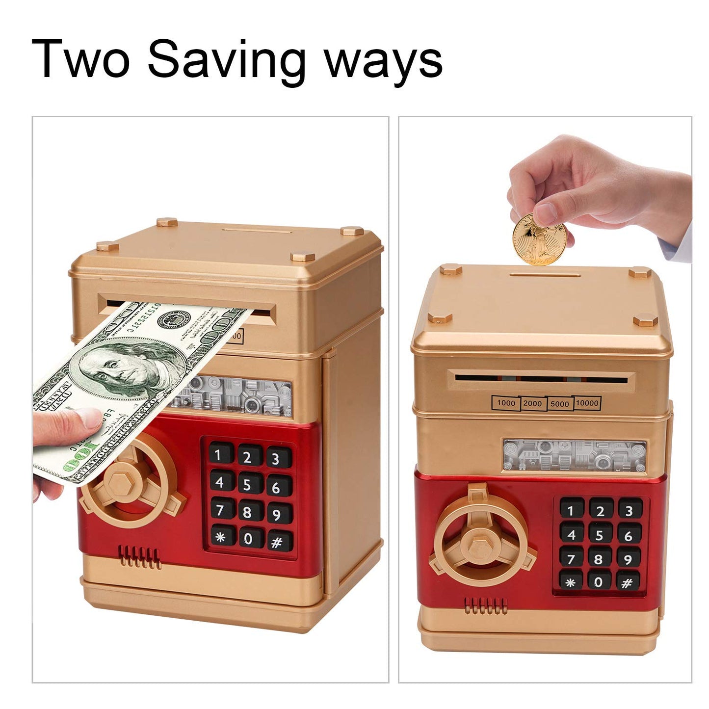 Adevena Electronic Piggy Bank, Mini Atm Password Money Bank Cash Coins Saving Box For Kids, Cartoon Safe Bank Box Perfect Toy Gifts For Boys Girls (Gold)