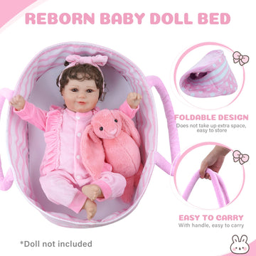 Babeside Reborn Baby Dolls Bassinet Foldable Baby Doll Crib Bed Soft Doll Carrier Doll Accessories With Handle For 17-22 Inch Baby Dolls Girls (Pink)