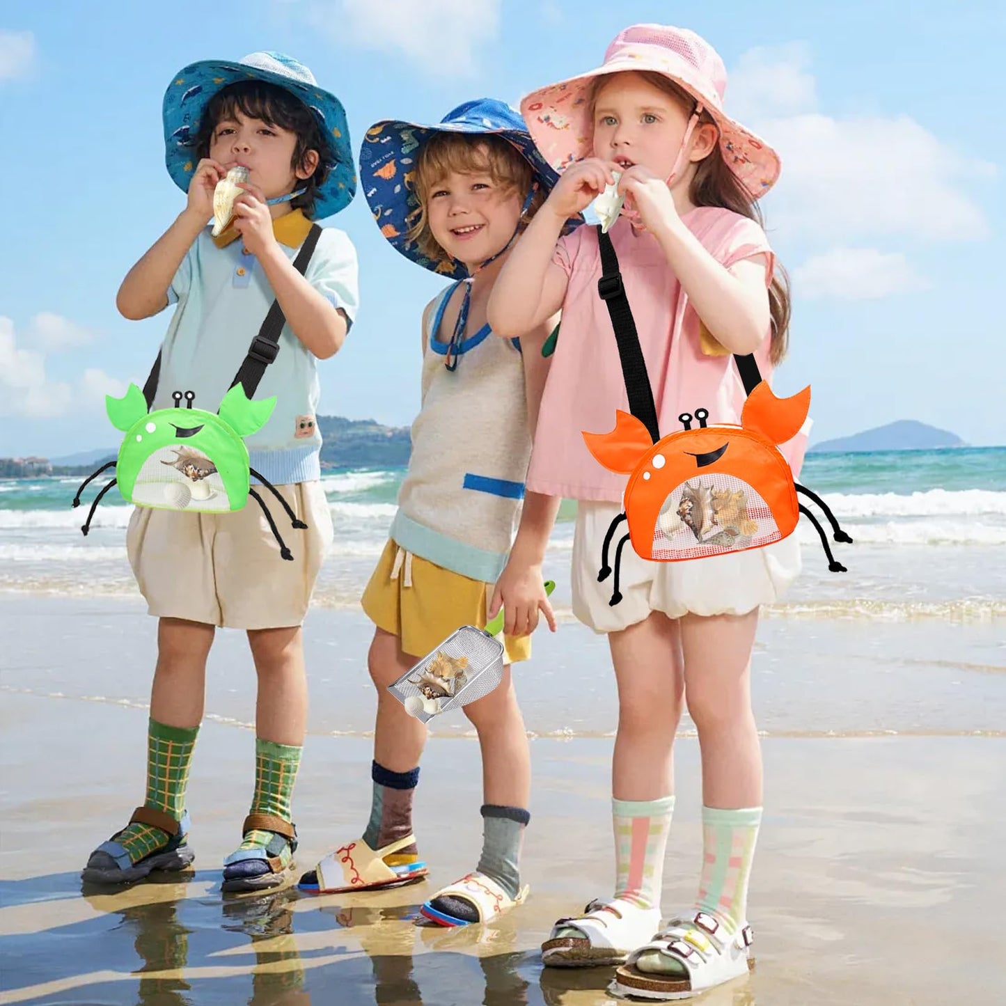 Yooleetc 4Pcs Beach Toy Mesh Shovel And Mesh Beach Bag Seashell Bag,For Sand Filter & Collect Shells,Sand Sifter Shell Collectin