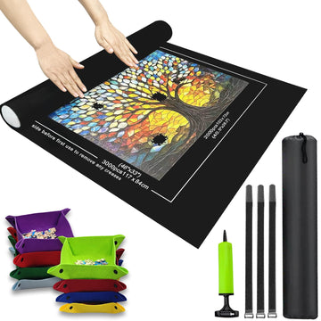 Puzzle Roll Mat Puzzle Storage Puzzle Saver With 8 Colored Sorting Trays Storage Bag Pump Jigsaw Felt Mat With Anti-Leak Tube &