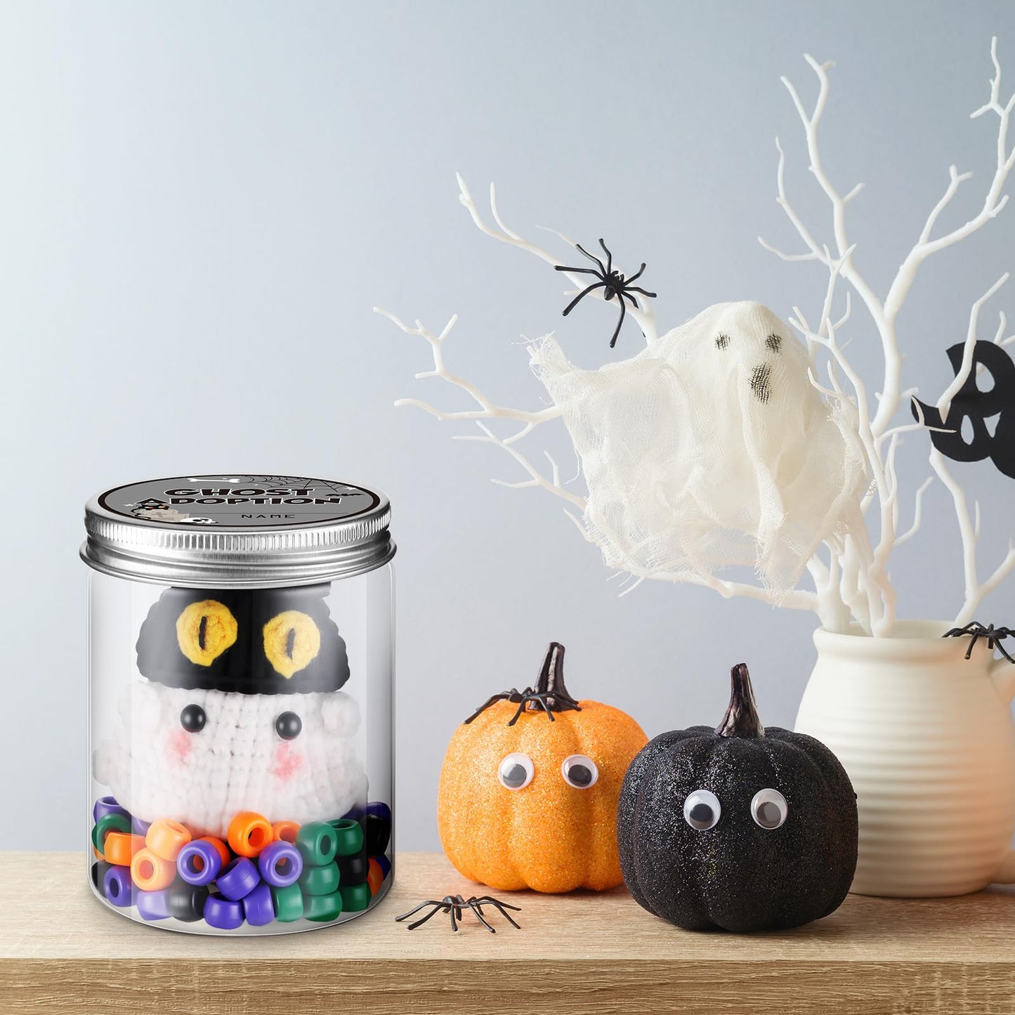 Poen Ghost Desk Pets Accessories Crochet Ghost DIY Adopt a Toy Plush Handmade Doll Spooky Creepy Horror Gift Halloween Boo Basket for mature-themed Women Office School Classroom Party Decor