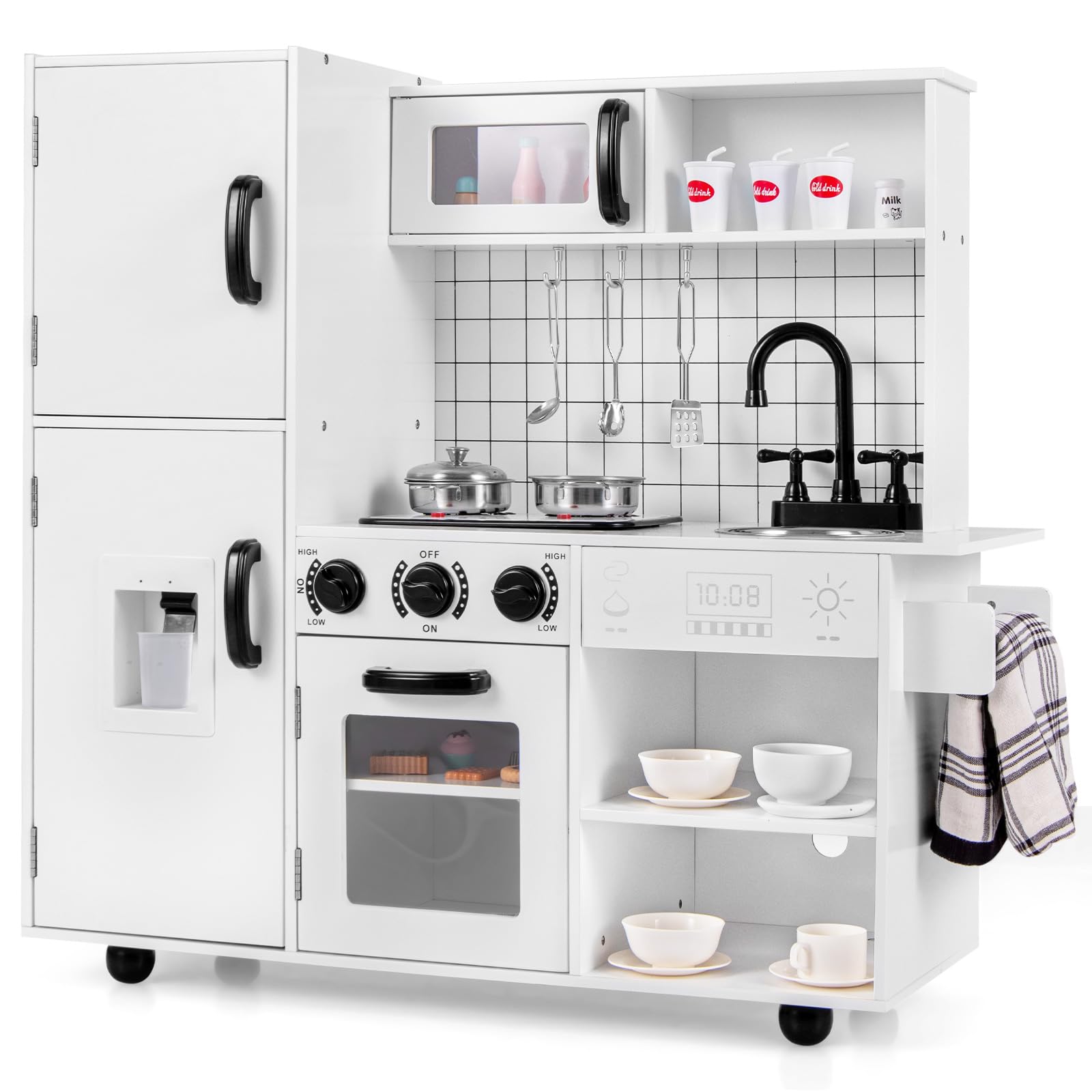 INFANS Play Kitchen for Kids, Wooden Kids Play Kitchen Playset with Realistic Light & Sounds, Pots Pan Microwave Sink, Children 