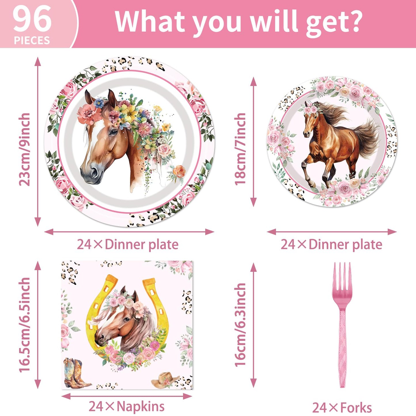 Horse Birthday Party Supplies Tableware - 96 Pcs Cowgirl Birthday Party Decorations, Horse Themed Party Paper Plates And Napkins