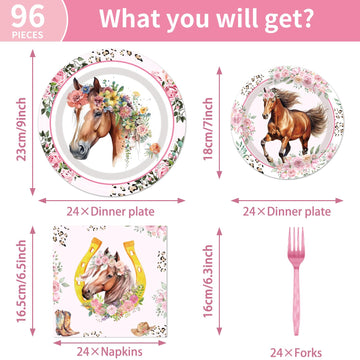 Horse Birthday Party Supplies Tableware - 96 Pcs Cowgirl Birthday Party Decorations, Horse Themed Party Paper Plates And Napkins