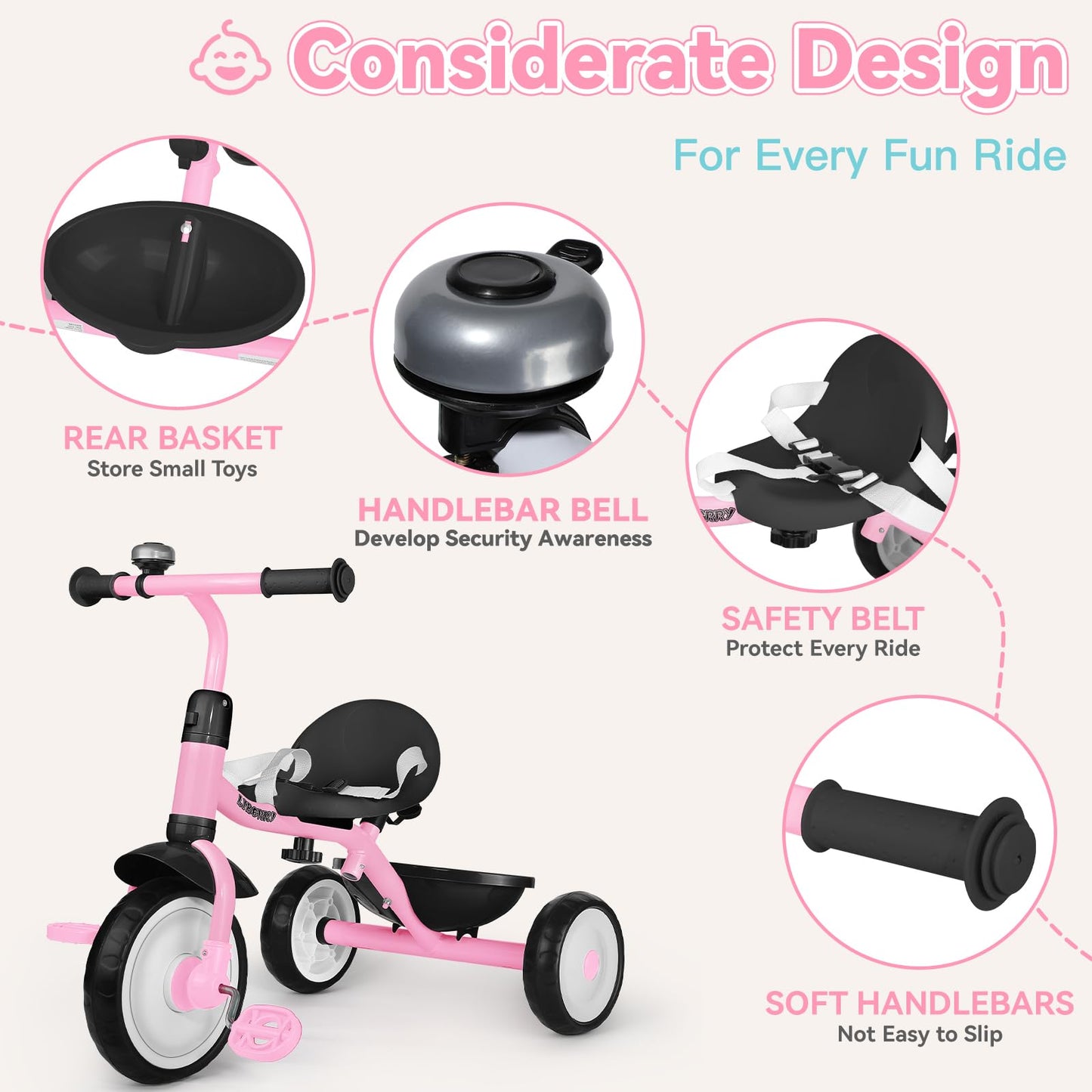 Liberry 2 In 1 Toddler Tricycle Age 2 3 4 Years Old, Kids Trike With Adjustable Push Handle, Bell & Basket, 3 Wheel Bike Riding