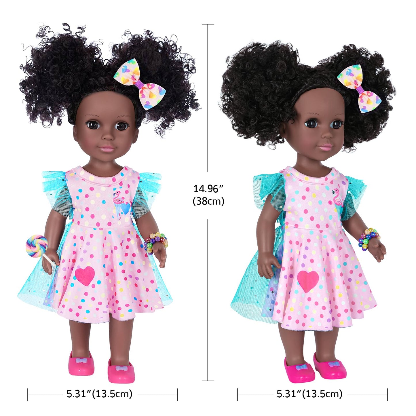 DOTVOSY 14.5 Inch Black Girl Doll with Pink Flamingo Theme Dress  Camera  Sunglasses & Accessories