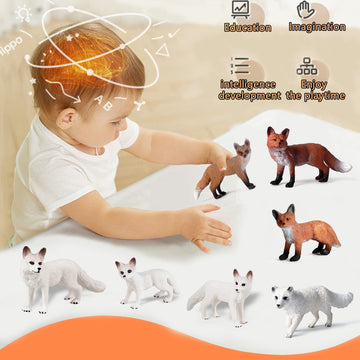 Rcomg 7Pcs Fox Toy Figures, Plastic Forest Animals Fox Figurines Set Include Arctic Fox & Red Foxes Toys, Cake Topper Party Favor Gift For Kids Children Toddlers