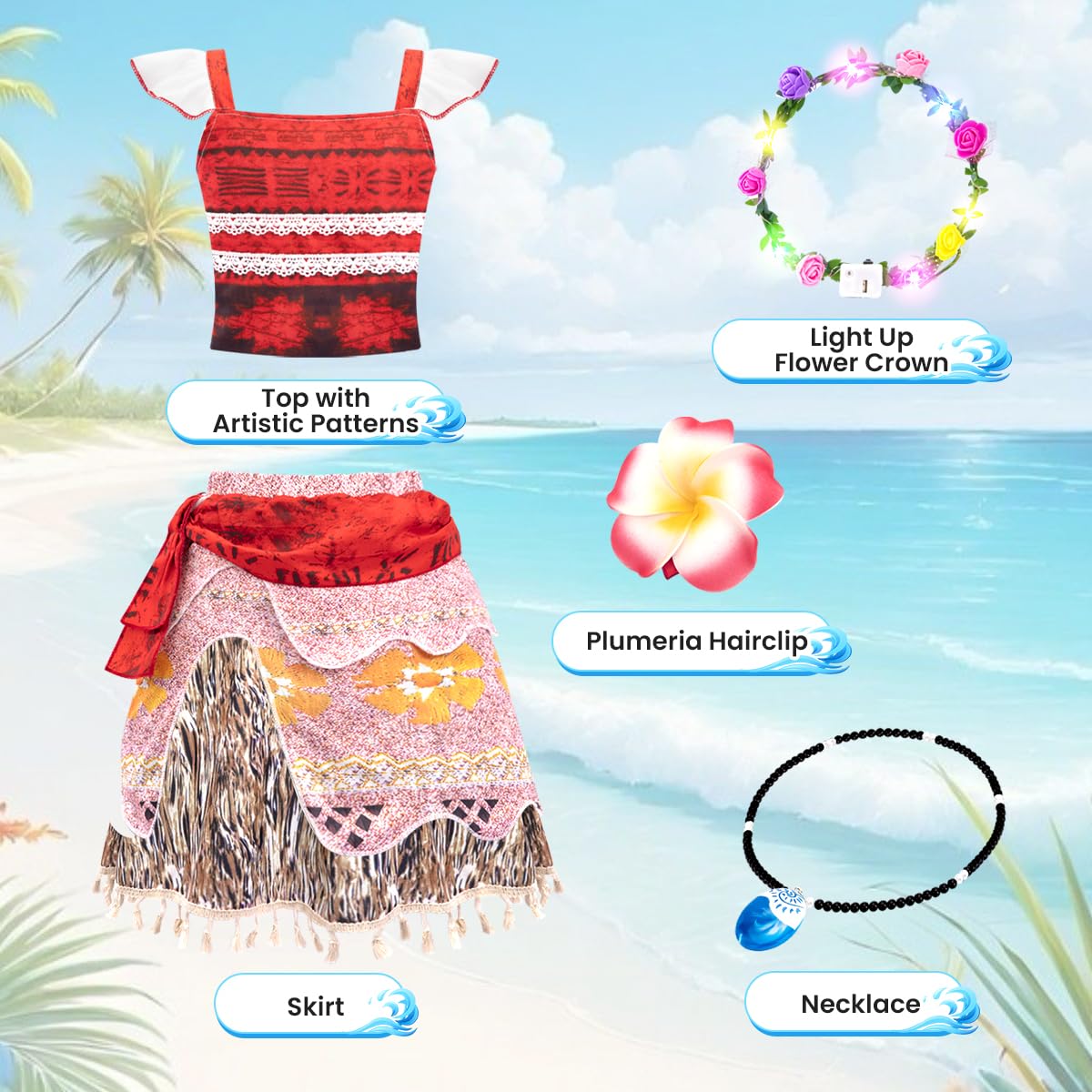 Meland Princess Dress Up For Girls, Dress Up Clothes With Light Up Flower Crown, Halloween Costumes For Girls Toddlers 3-8