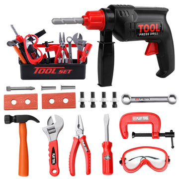 STEAM Life Kids Toddler Tool Set - Toy Tool Set with Electric Toy Drill, Toddler Tool Box, Toy Hammer, Red Manual Drill Tool Pla