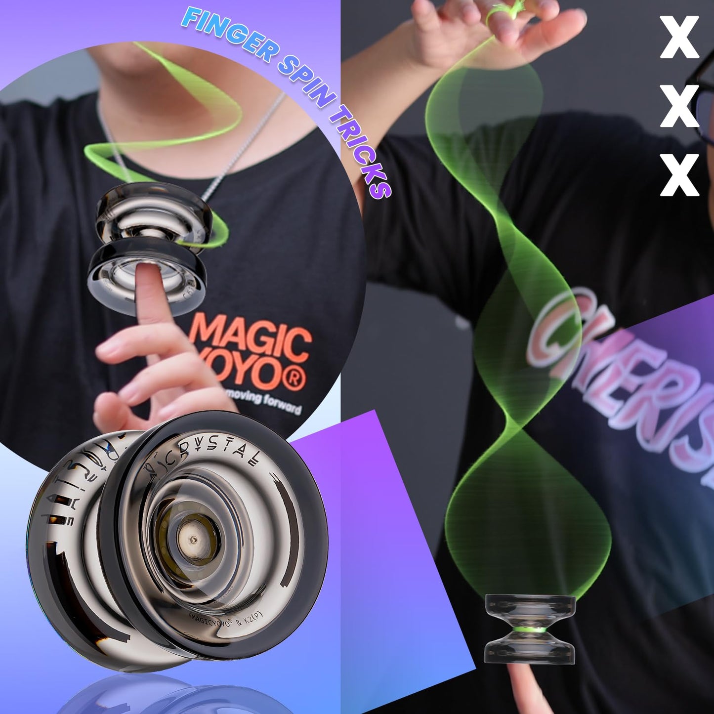 MAGICYOYO Pack of 2 Finger Spin Trick Yoyos  V10 Purple Green & K2 Black Responsive Yoyos for Kids Beginners  Unresponsive Yoyo Bearings Kit for mature-themed Professional +12 Strings  Yoyo Case Storage Bag