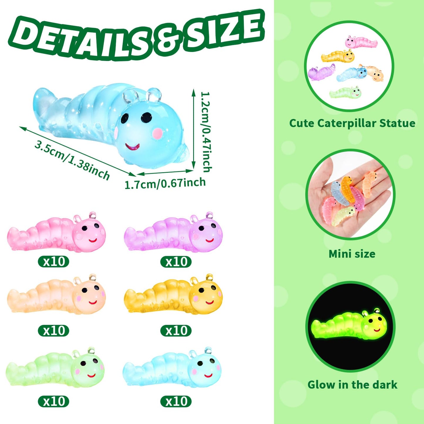 Suzile 60 Pcs Mini Resin Animals Caterpillars Miniature Figures Luminous Mini Resin Charms Miniature Garden Accessories Micro La