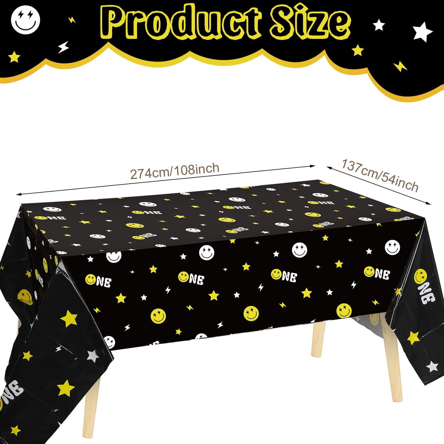 4 Pieces One Happy Dude Party Decoration Tablecloths 54 x 108 Inch Black Rectangle Plastic Smile Face Tablecloth One Happy Dude