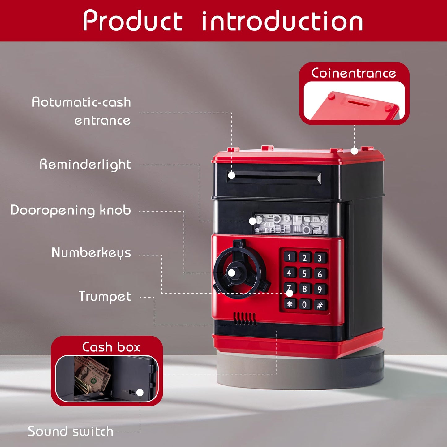 Evthsu Red Electronic Atm Safe Piggy Bank For Kids - Real Money Savings Coin Bank With Code Lock & Password, Gift Money Box For