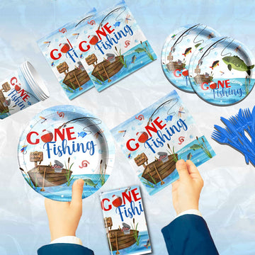 142 Pcs Gone Fishing Tableware,Fishing Birthday Party Decoration Little Fisherman Gone Fishing Themed Disposable Tablecloth,Plat