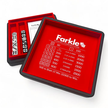 Luck Lab Farkle Dice Tray And Storage Case - Includes Embedded Scoring Combinations, 2 Sets Of 6 Pearl Dice, 40 Sheet Score Pad And Pen Holder For The Classic Family Game (Brown)