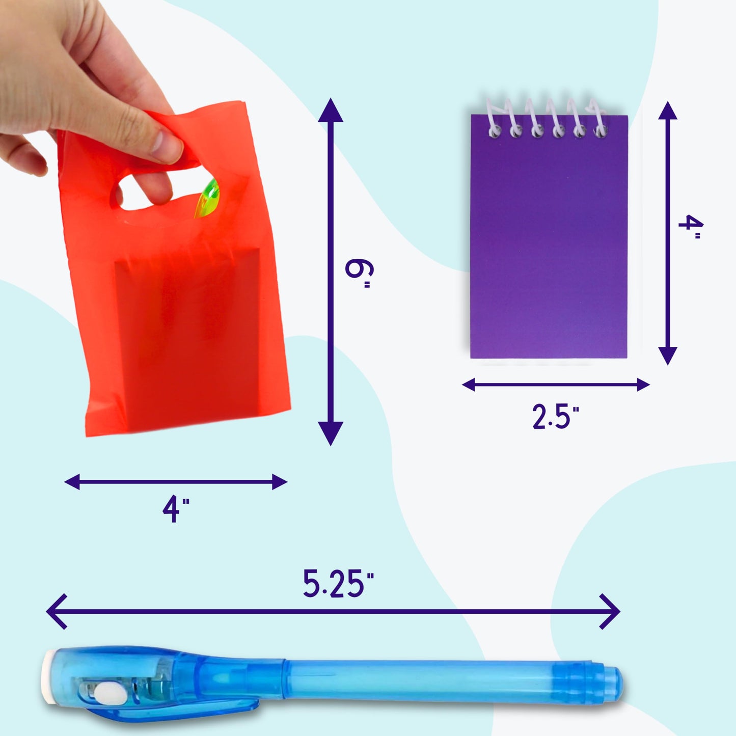 4E's Novelty 12 Invisible Ink Pen with UV Light, 12 Mini Notebook and 12 Colored Goodie Bags - Fun Bulk Party Favors for Kids
