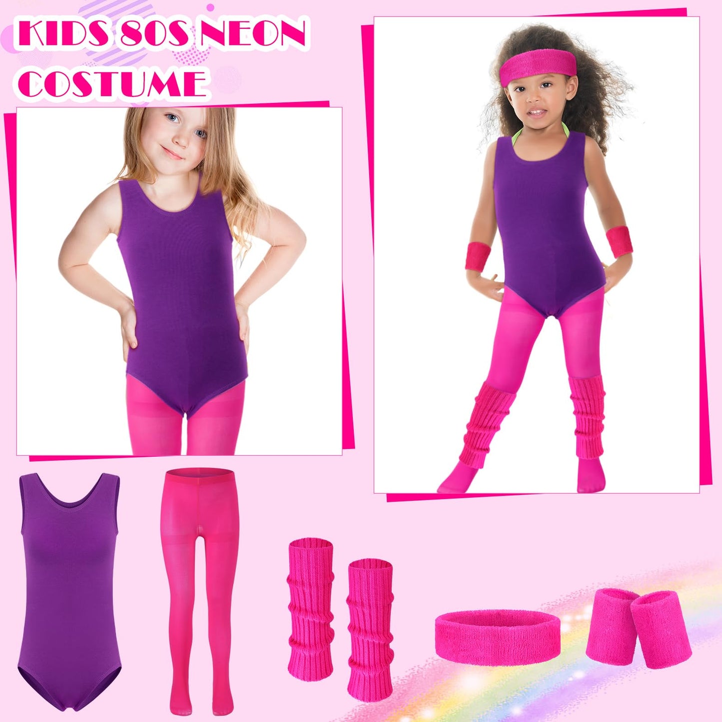 Giegxin Kids 80s Workout Costume - Neon Leotard & Leggings Set, Large, Rose Red/Purple, Cotton & Polyester, Halloween Outfit Accessories