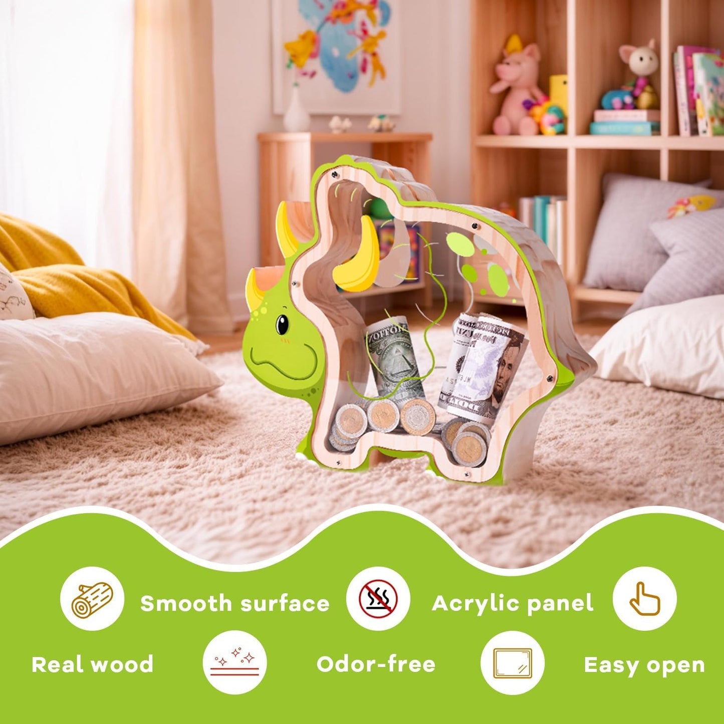 Wooden Dinosaur Triceratops Piggy Bank for Kids Money Coin Bank, Unbreakable Piggy Bank DIY Personalizable Kids Safe Money Box w