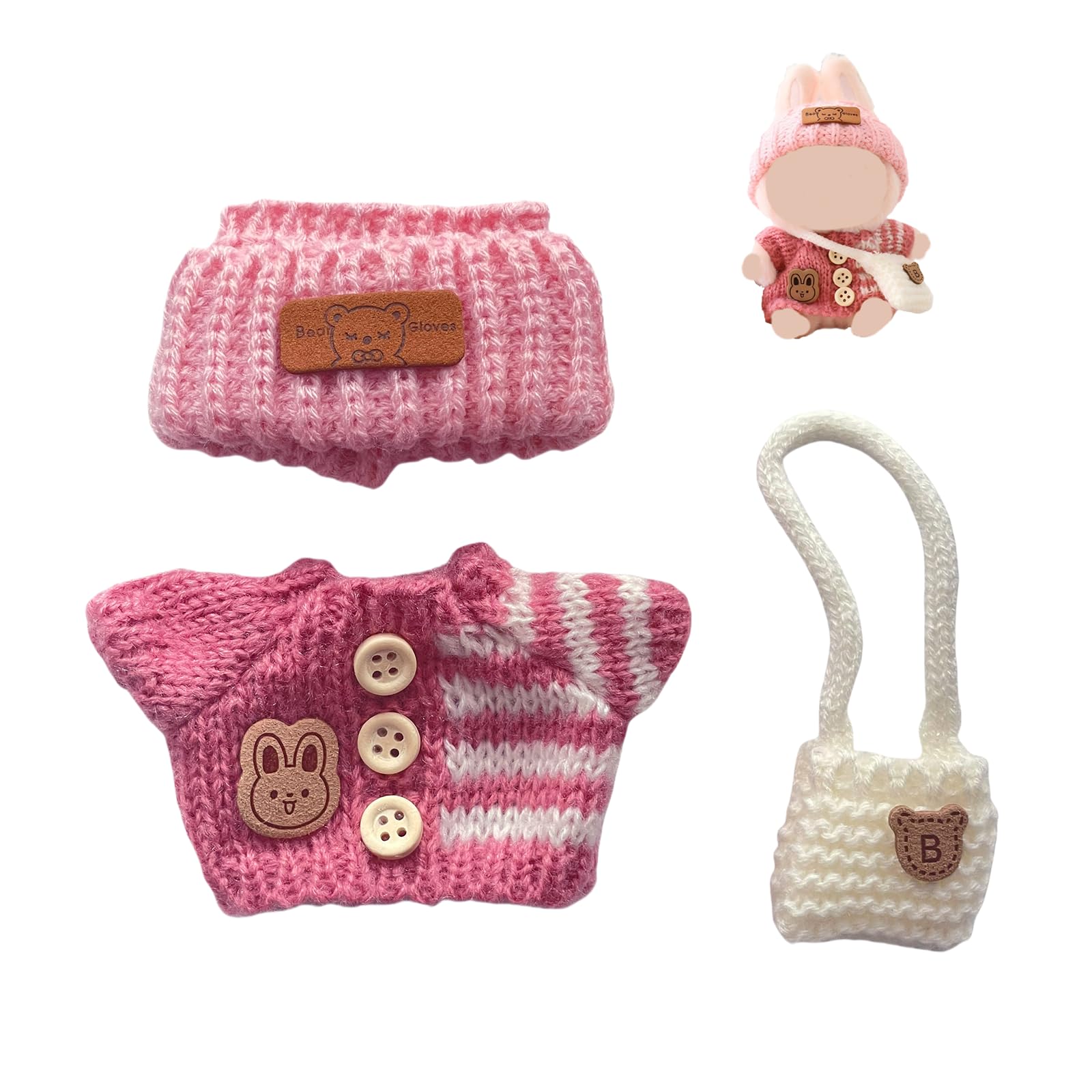 Handcrafted Clothes for Labub Doll enhanced Dolls Outfit 3 Pieces Stylish Doll Accessories Compatible with 5.91/6.7inch (15/17cm) Dolls Hat Sweater and Bag  Pink