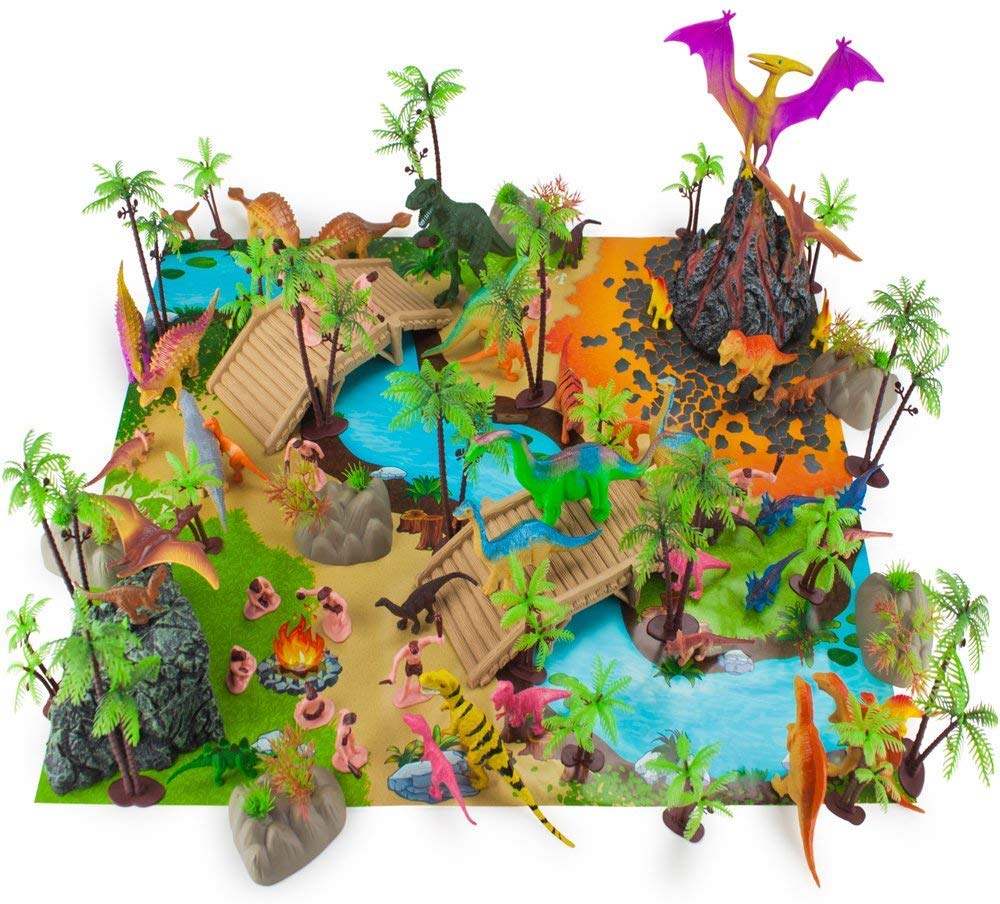 Imagination Generation Prehistoric Playset - 100 Pieces Mini Dino Figures, Educational Booklet, Play Mat & Storage - TCFG-002