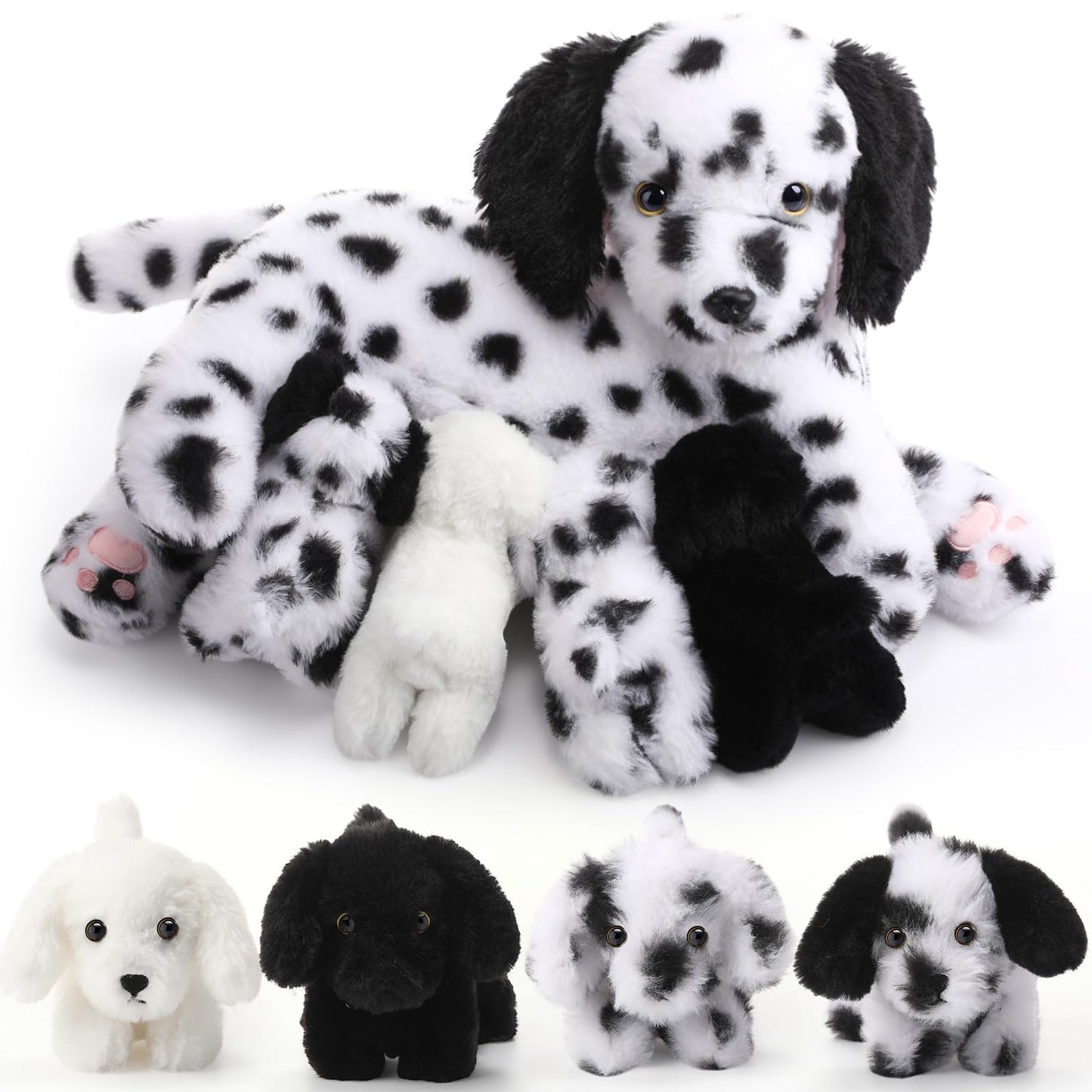 HyDren 5 Pcs Dalmatian Nurturing Dog Stuffed Animal Sets 15 Inch Soft Cuddly Dalmatian Plush Toys Nursing Mommy Dog with 4 Puppy