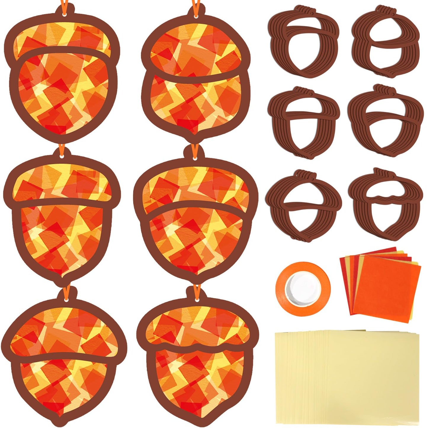 Qyeahkj 36 Set Fall Acorn Suncatchers Crafts for Kids DIY Autumn Window Tissue Paper Craft Kit Hanging Decor for Thinkgiving Hom