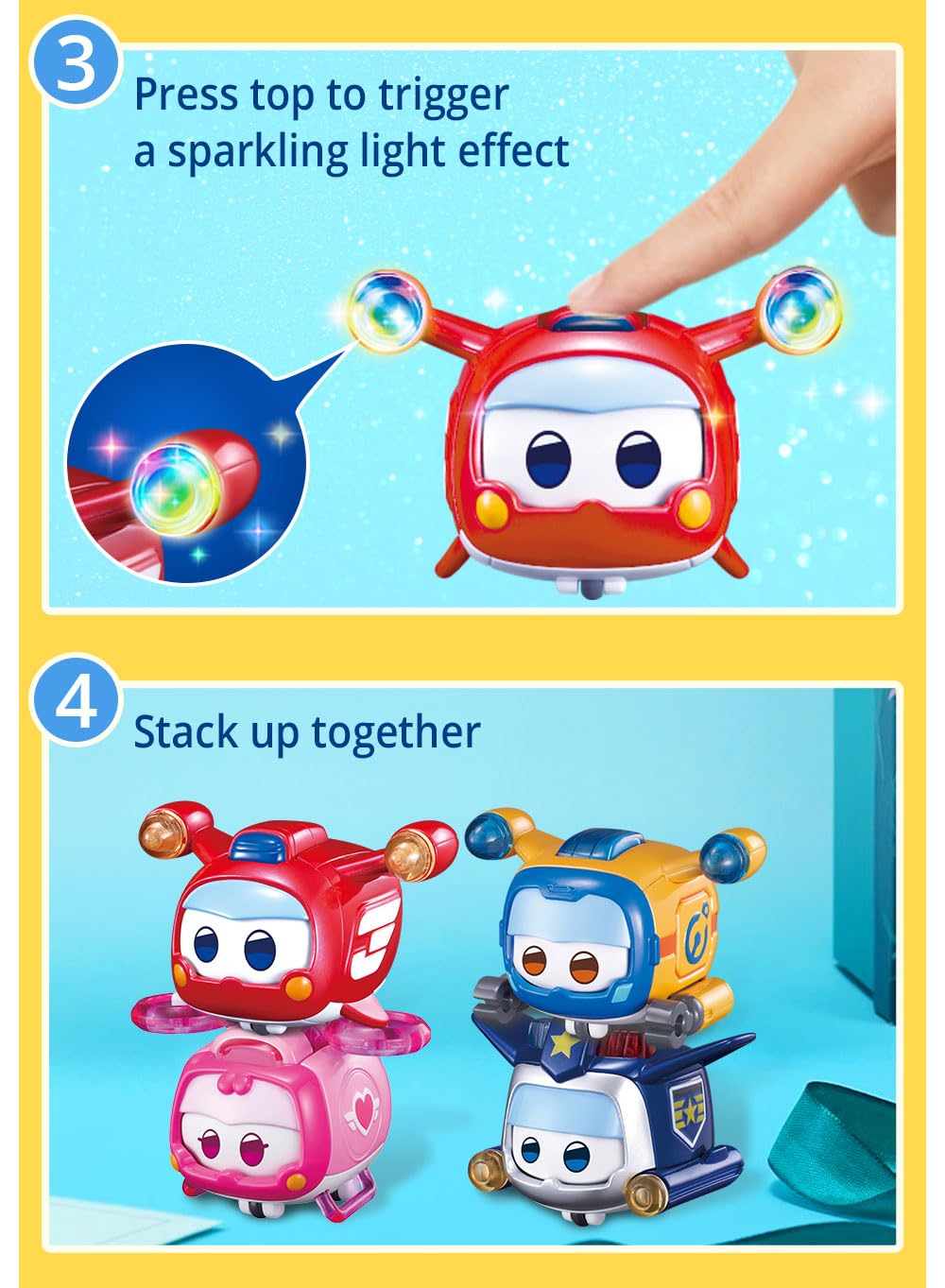 Super Wings Toys - 4 PCS Glow & Face-Changing Transformer Sets for Kids - Assorted Colors, Model 750491, Perfect for Ages 3-7