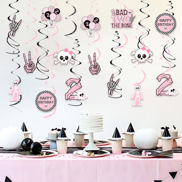 Jollyboom Bad Two The Bone Party Decorations Girl, 24pcs Skeleton 2nd Birthday Decorations Hanging Swirl Bad 2 The Bone Hanging