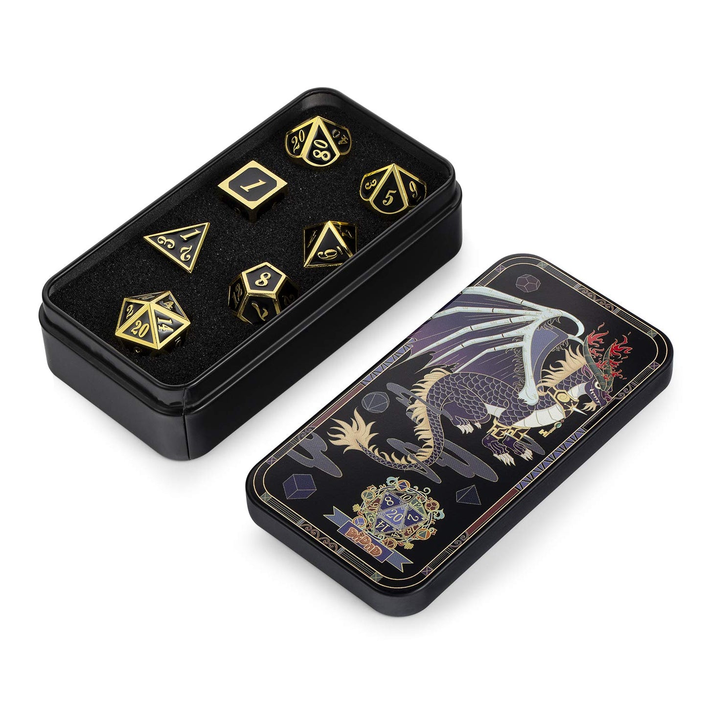 DNDND Metal Dice Set - 7 Polyhedral Dice with Gift Box, Black and Gold, Zinc Material for Dungeons and Dragons RPG