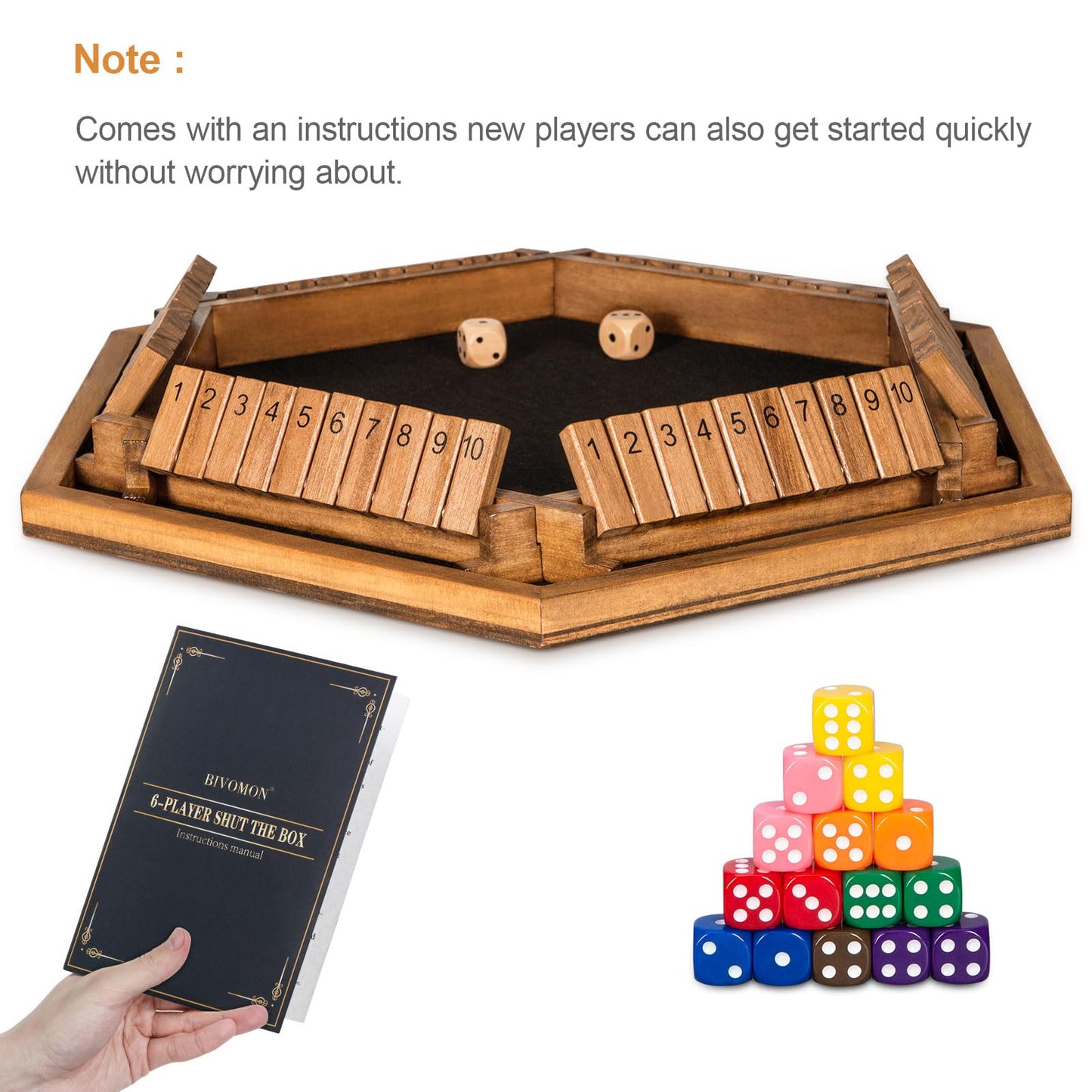 BIVOMON Shut The Box Dice Game for 1-6 Players, Wooden Table Math Game, Medium Size, Ideal for Family Fun and Parties