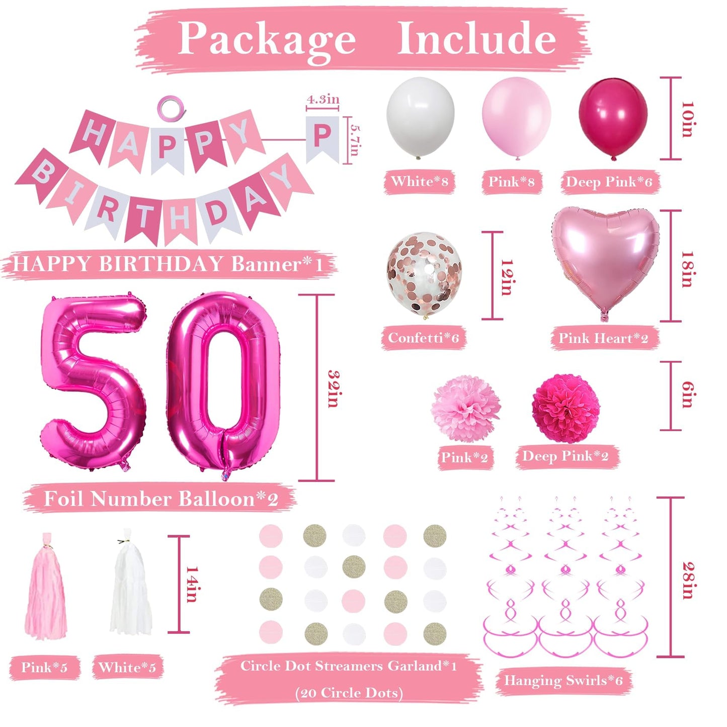 Sweet 50Th Birthday Decorations For Women, Pink And White 50 Happy Birthday Balloons, 50Th Birthday Party Supplies Including Pin
