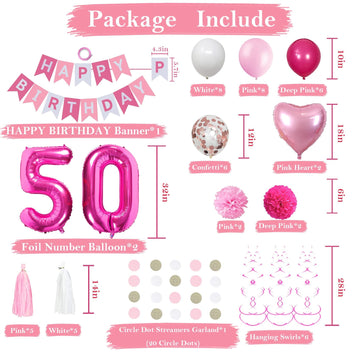 Sweet 50Th Birthday Decorations For Women, Pink And White 50 Happy Birthday Balloons, 50Th Birthday Party Supplies Including Pin